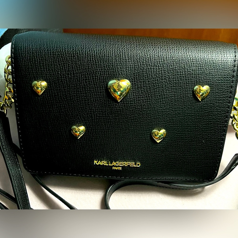 NEW Karl Lagerfeld PARIS Black Leather Connie Crossbody Bag
